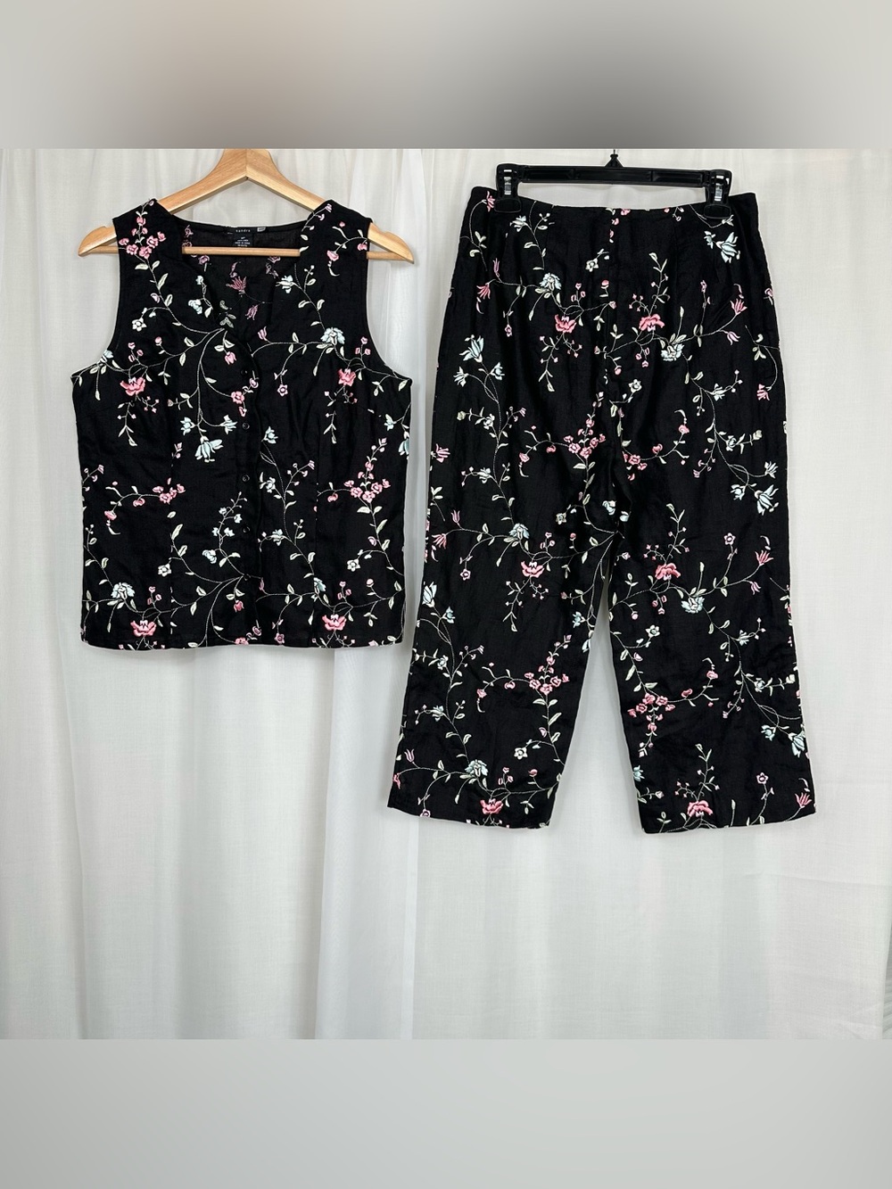 Sandra Black Embroidered Linen Matching Set Dark Floral Cottagecore Co Ord 8P